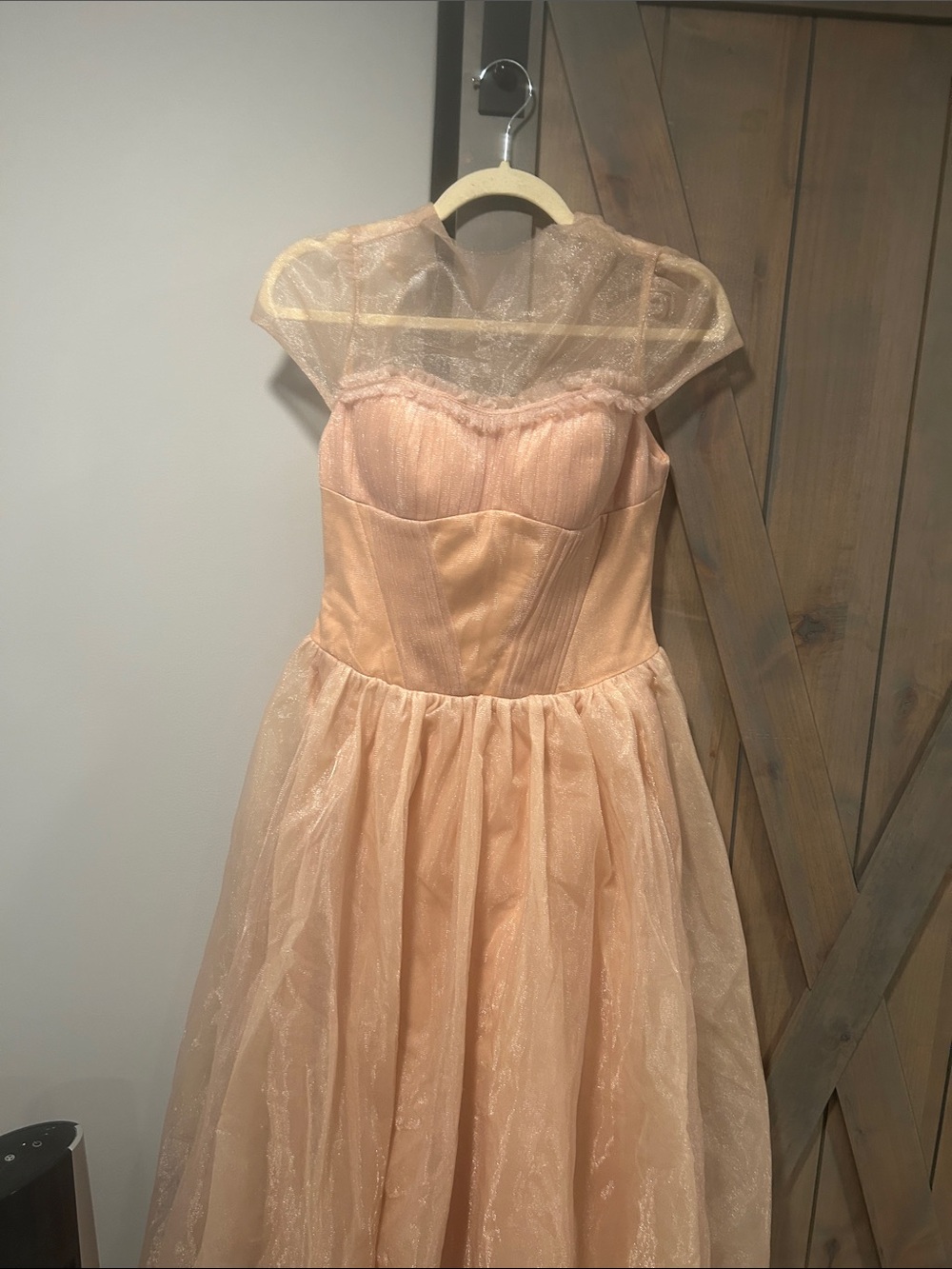 Peach Tulle Midi Dress with Sheer Yoke